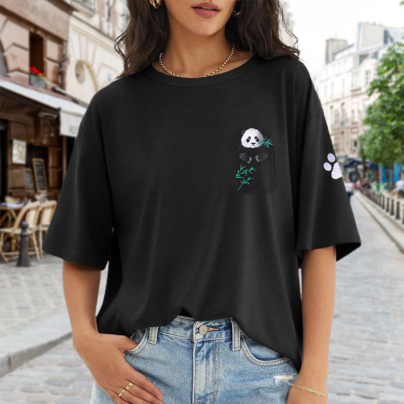 🐼 Panda Embroidered Loose Casual Cotton T-Shirt